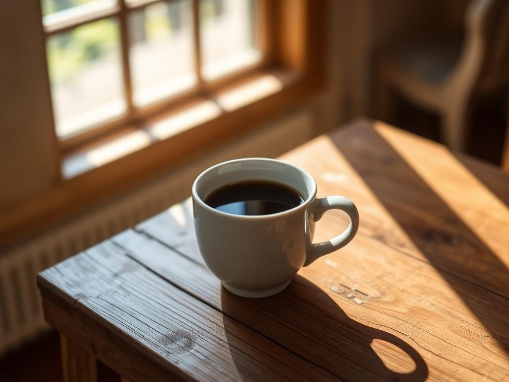 Ceramic cup of coffee on a weathered oak table in morning light