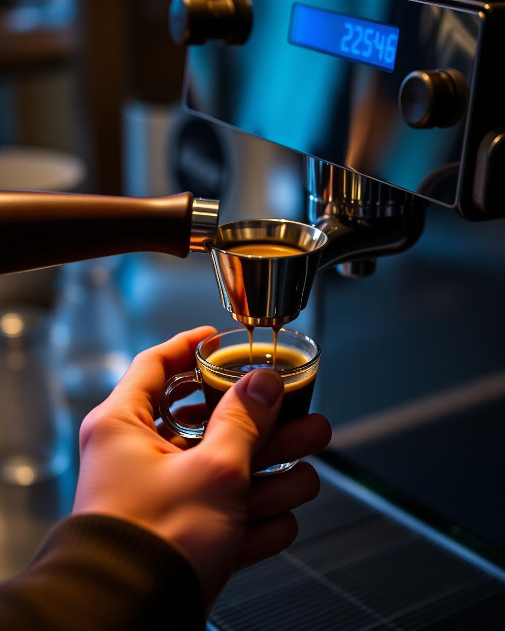Barista pulling a double espresso shot on the bar