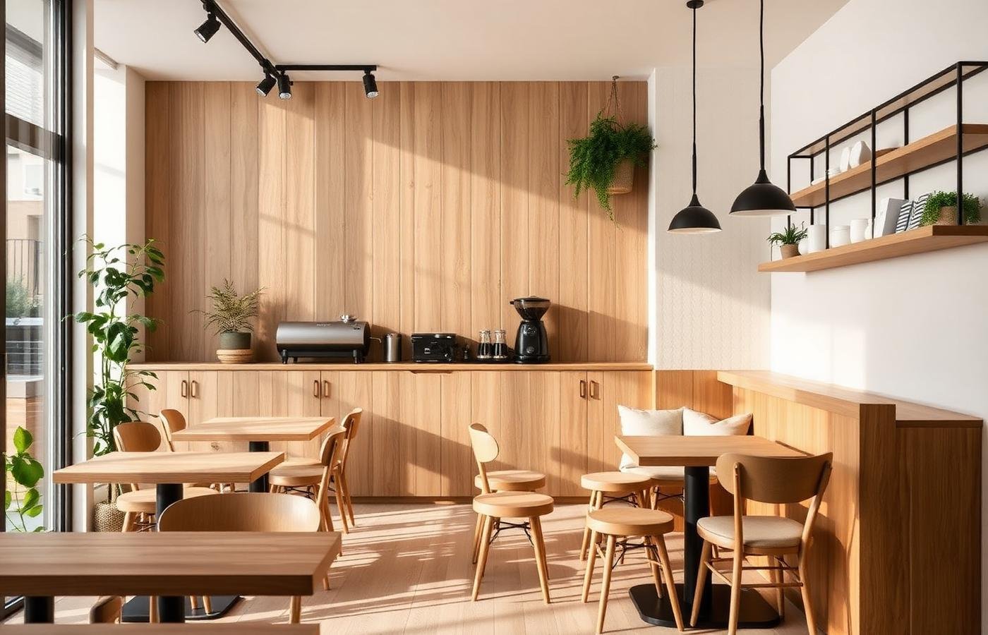 Warm minimalist coffee shop interior in oak and linen