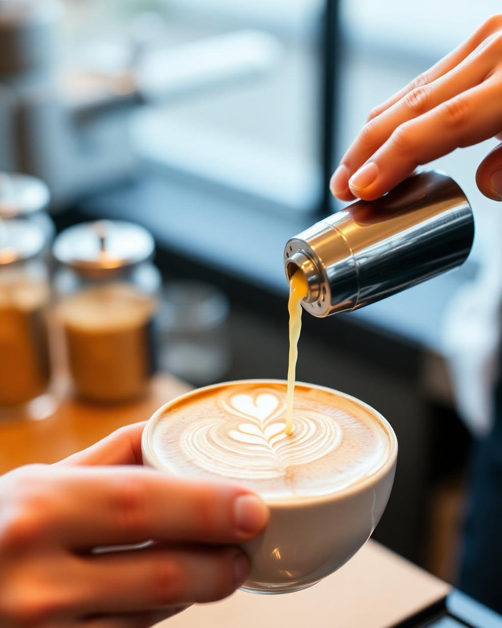 Latte art being poured into a cup