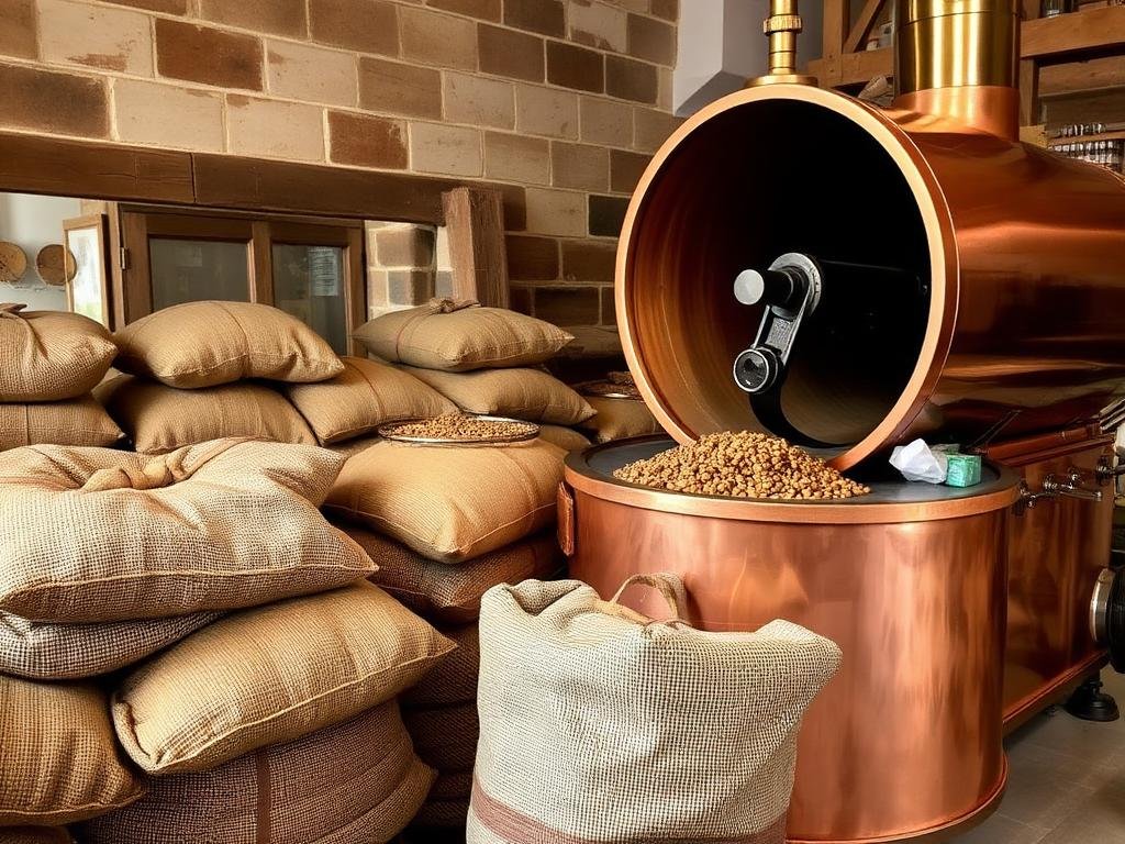 Burlap sacks of green beans beside a copper drum roaster