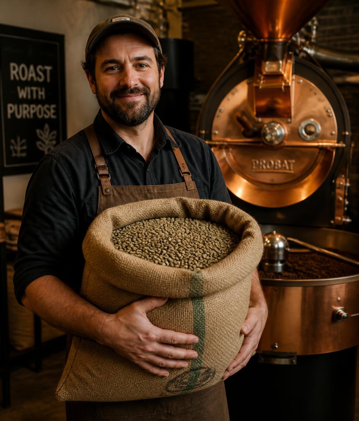 Roaster holding a burlap sack of green coffee beans beside a copper drum roaster